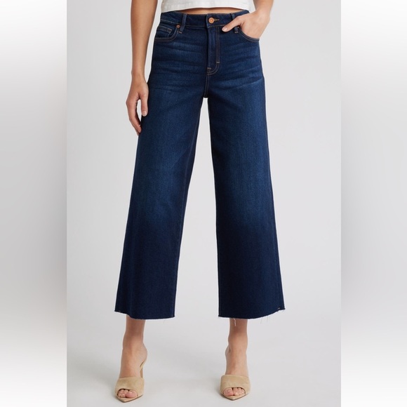HIDDEN High Rise Wide Leg Jeans Frayed Hem Dark Blue Stretchy ankle crop - Picture 2 of 14
